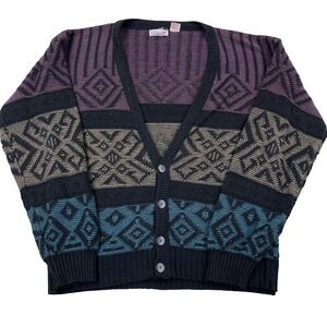 Vintage Campus Cardigan Sweater Men Large Button Up 70s 80s Grandpa Geometric